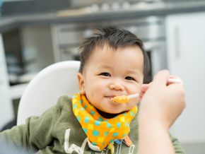 close up image of a toddler eating with bib on close up image of a toddler eating with bib on