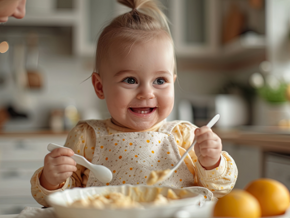 Toddler girl smiling eating with 2 spoons toddler girl smiling eating with 2 spoons