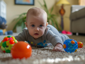 Baby laying on their tummy playing with toys Baby laying on their tummy playing with toys