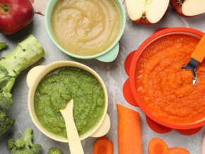 3 different types of puree with solid vegetables around 3 different types of puree with solid vegetables around