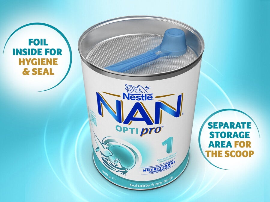 NAN OPTIPRO 1, Starter Baby Formula From Birth – 800g Front- separate storage area for the scoop